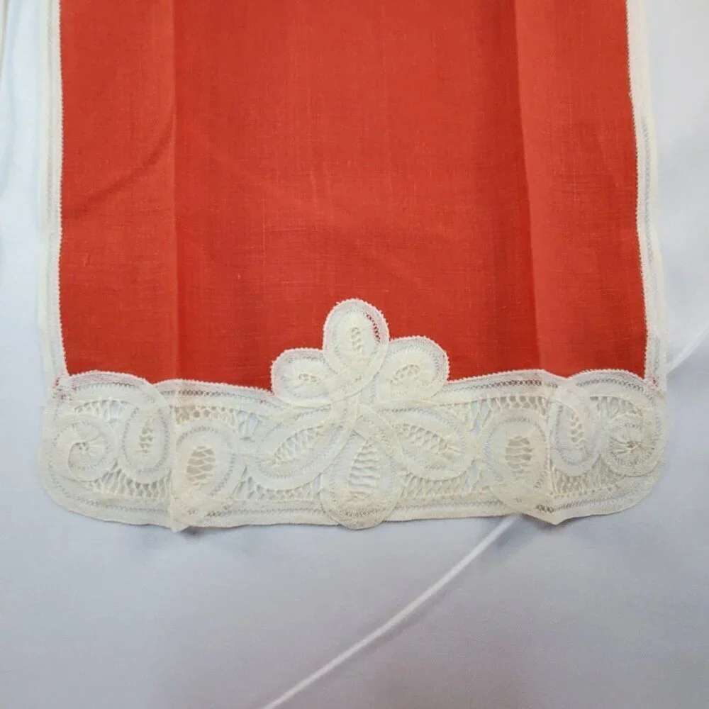 Vintage Hand Sewn Red Embroidered Brussels Belgium Lace Tea Towels 17x10 inches